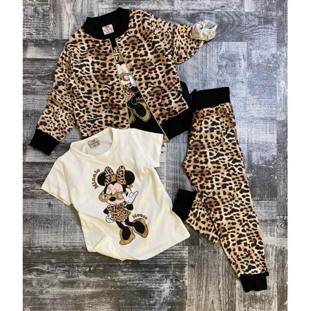 Детски комплект за момиче три части с бяла тениска и леопард дизайн