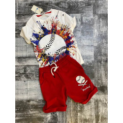 Детски комплект с бяла тениска и къс панталон в червено